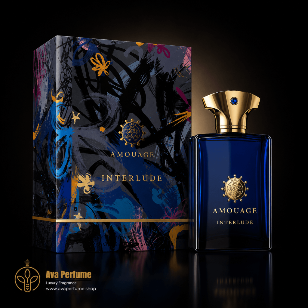 عطر اورجینال آمواج اینترلود من همراه جعبه اصلی آبی رنگ؛ تصویر رایحه مرجع Amouage Interlude Man
